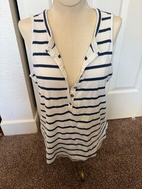 Striped Sleeveless Henley Tank Top - Navy & White